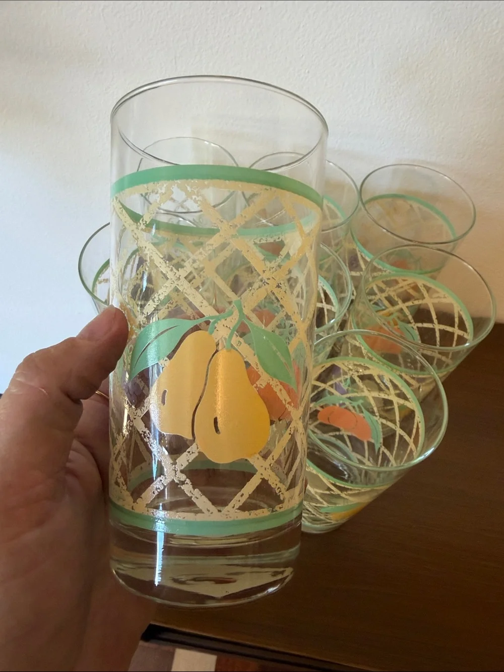 Libbey Vintage Fruit-Patterned Tall Drinking Glasses - Teal & Yellow (Set of 8)
